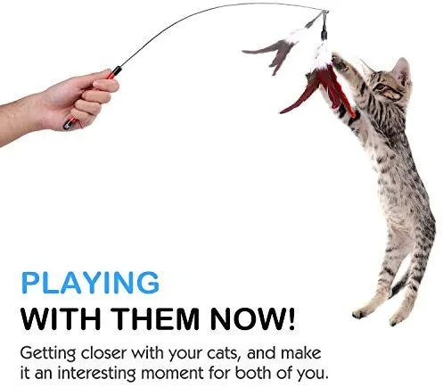 Pawaboo Juguete de plumas para gato, varita interactiva para gato, juguete de pluma voladora con varita extra larga y campana pequeña, juguete divertido para jugar para gatitos o gatos.