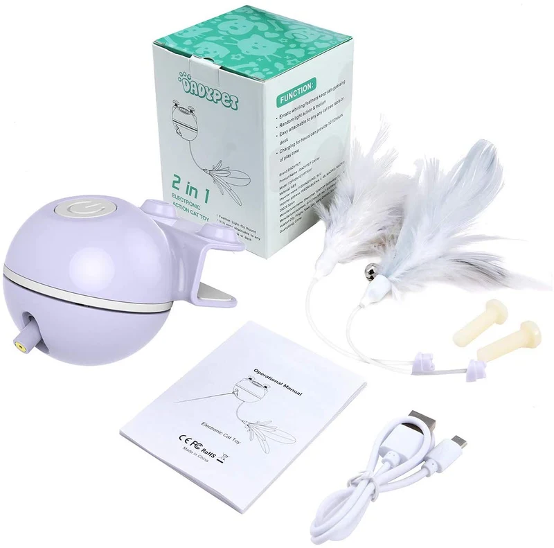 DADYPET Interactive Cat Toy, 2 in 1 Automatic 360 Degree Self Rotating Ball and Feather Toy for Cat Tree, Electronic Cat Laser Exercise Chaser Toy for Kitten