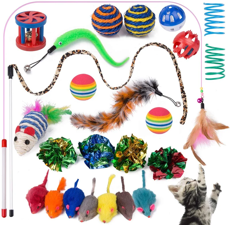 Cat Toys – Surtido Pack 20 Piezas Contiene Wand Varita Teaser Refill Ferret juguetes interactivos Pliegue bolas Furry Ratones bola con Bell mejor Catnip juguetes mouse de peluche con sonajero, mejor regalo de Navidad para Kitty