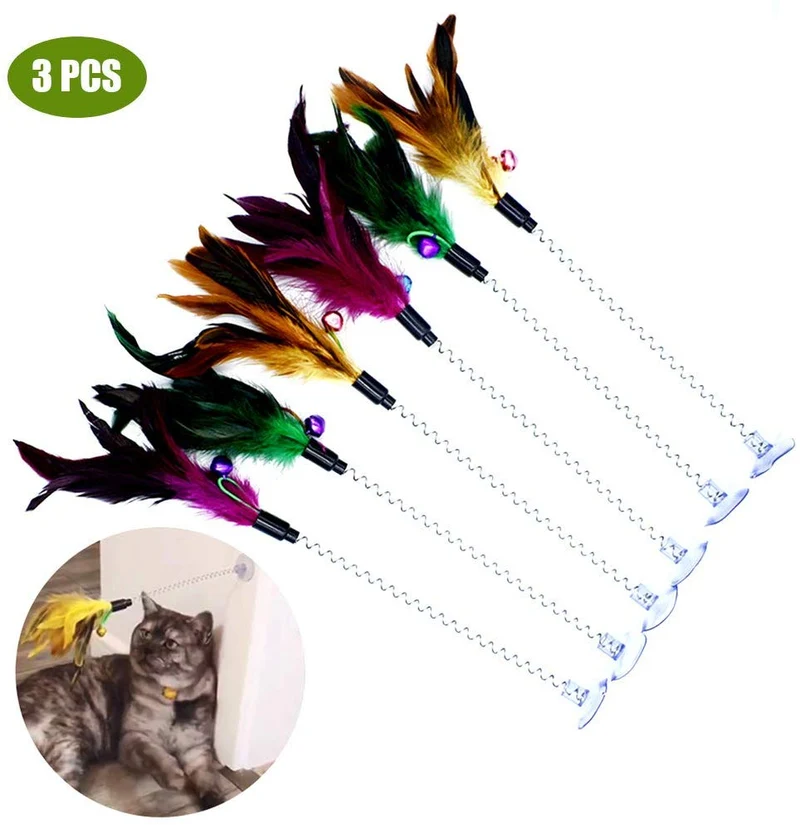 Cat Teaser Wand, 3 Packs Update Metal Wire Spring Cat Toy with Feather and Bell Sucker Cat Teaser Rod Interactive Cat Tease Toys