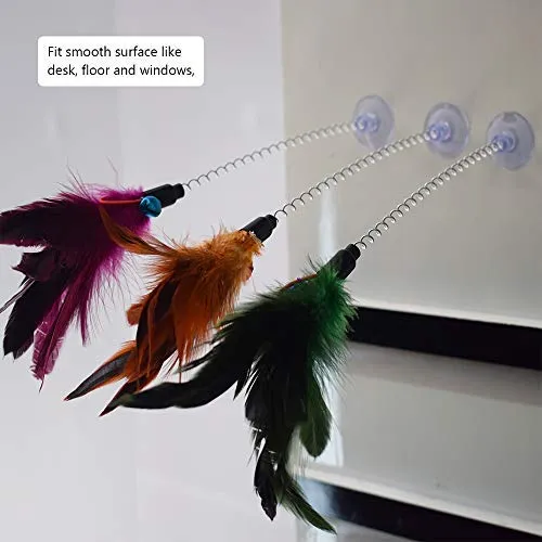 Cat Teaser Wand, 3 Packs Update Metal Wire Spring Cat Toy with Feather and Bell Sucker Cat Teaser Rod Interactive Cat Tease Toys