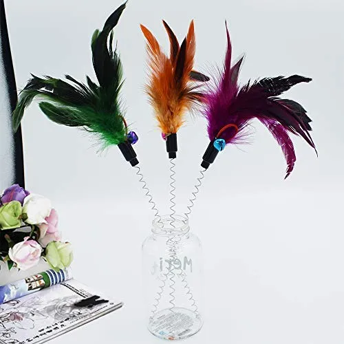 Cat Teaser Wand, 3 Packs Update Metal Wire Spring Cat Toy with Feather and Bell Sucker Cat Teaser Rod Interactive Cat Tease Toys