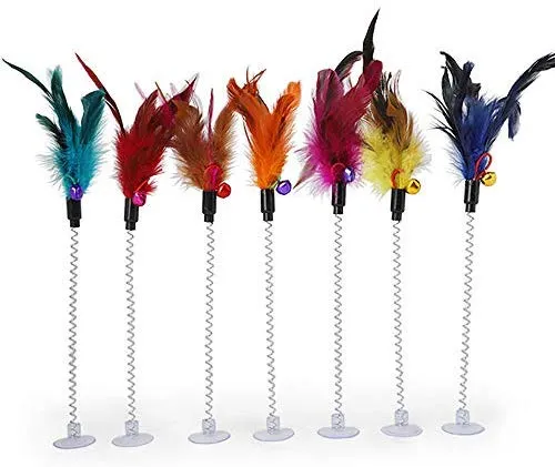 Cat Teaser Wand, 3 Packs Update Metal Wire Spring Cat Toy with Feather and Bell Sucker Cat Teaser Rod Interactive Cat Tease Toys