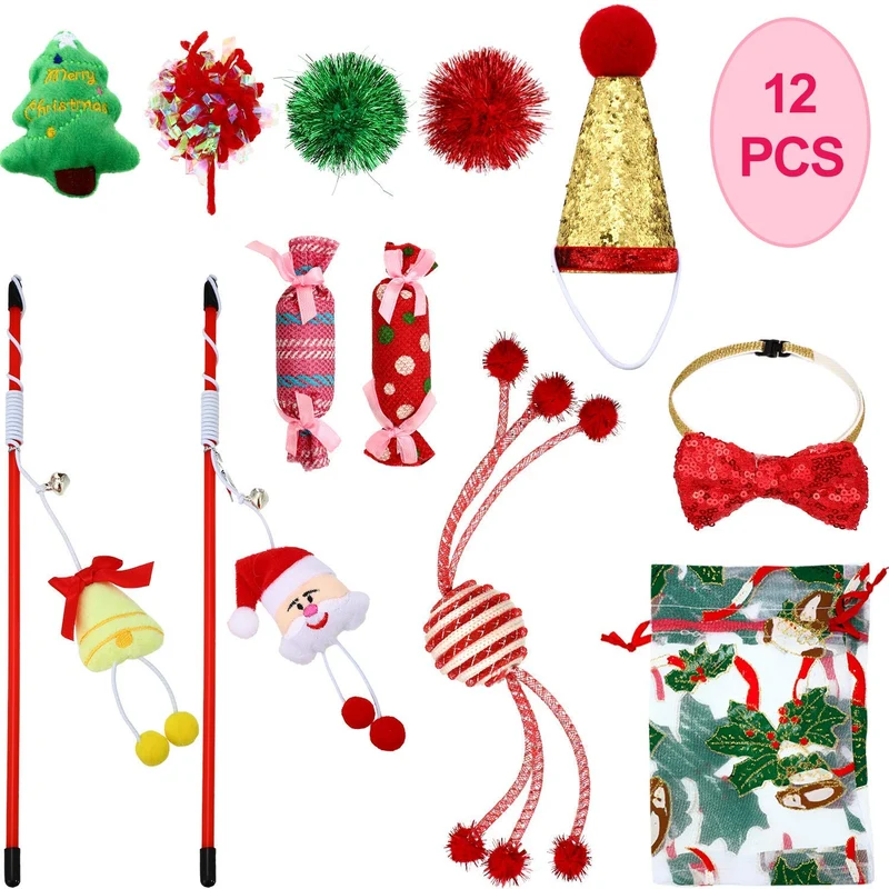 Gejoy - Juego de 12 juguetes de Navidad para gatos, incluye bolsa de cordón de Navidad, collar de gato, bola arrugada, caramelo, juguete giratorio rojo, árbol de Navidad de felpa, caña de gato
