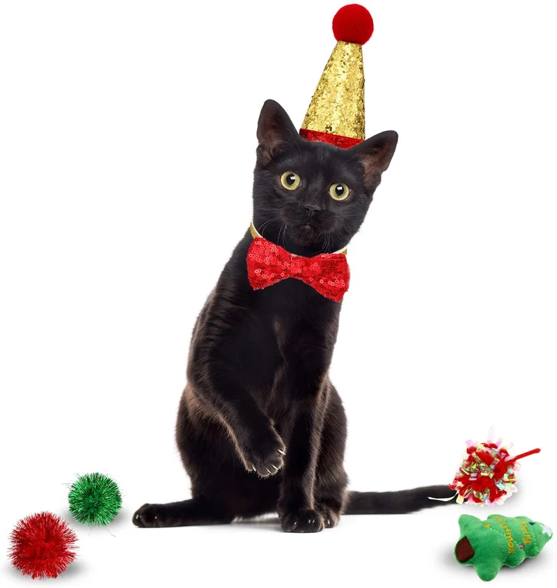 Gejoy - Juego de 12 juguetes de Navidad para gatos, incluye bolsa de cordón de Navidad, collar de gato, bola arrugada, caramelo, juguete giratorio rojo, árbol de Navidad de felpa, caña de gato