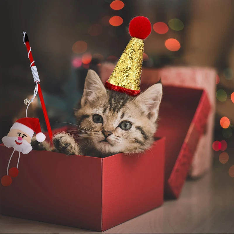 Gejoy - Juego de 12 juguetes de Navidad para gatos, incluye bolsa de cordón de Navidad, collar de gato, bola arrugada, caramelo, juguete giratorio rojo, árbol de Navidad de felpa, caña de gato
