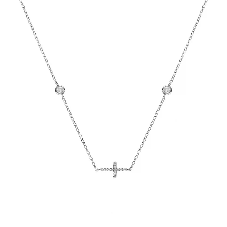 Collier croix horizontale et oxydes sertis clos – Argent 925 rhodié | Azuline