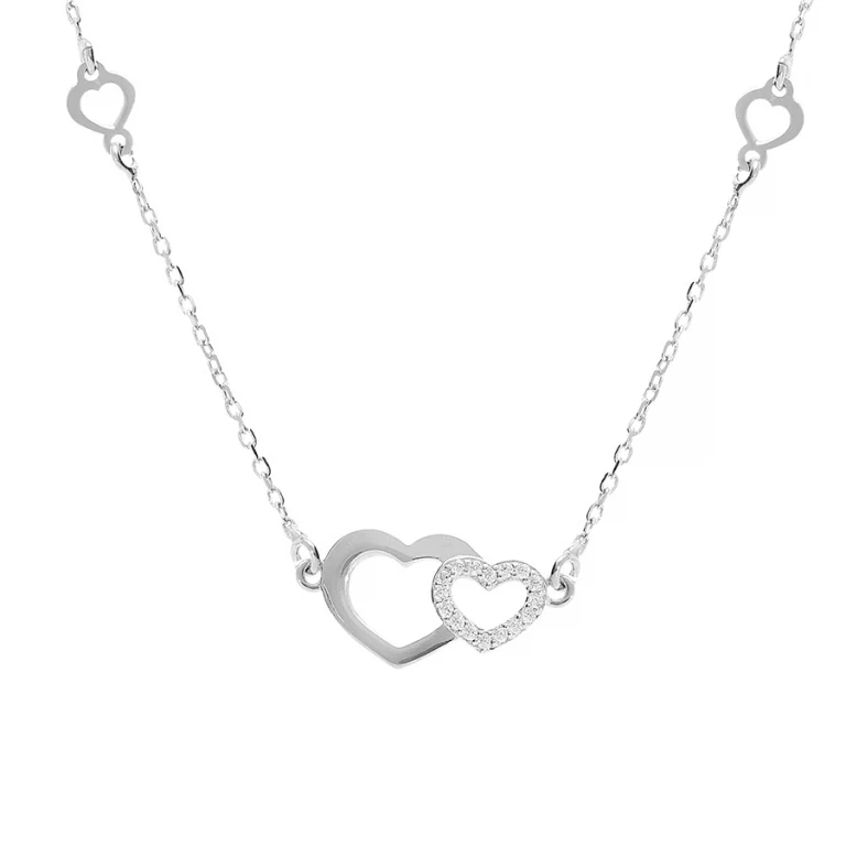 Collier deux cœurs lisses partiellement pavés – Argent 925 rhodié | Azuline