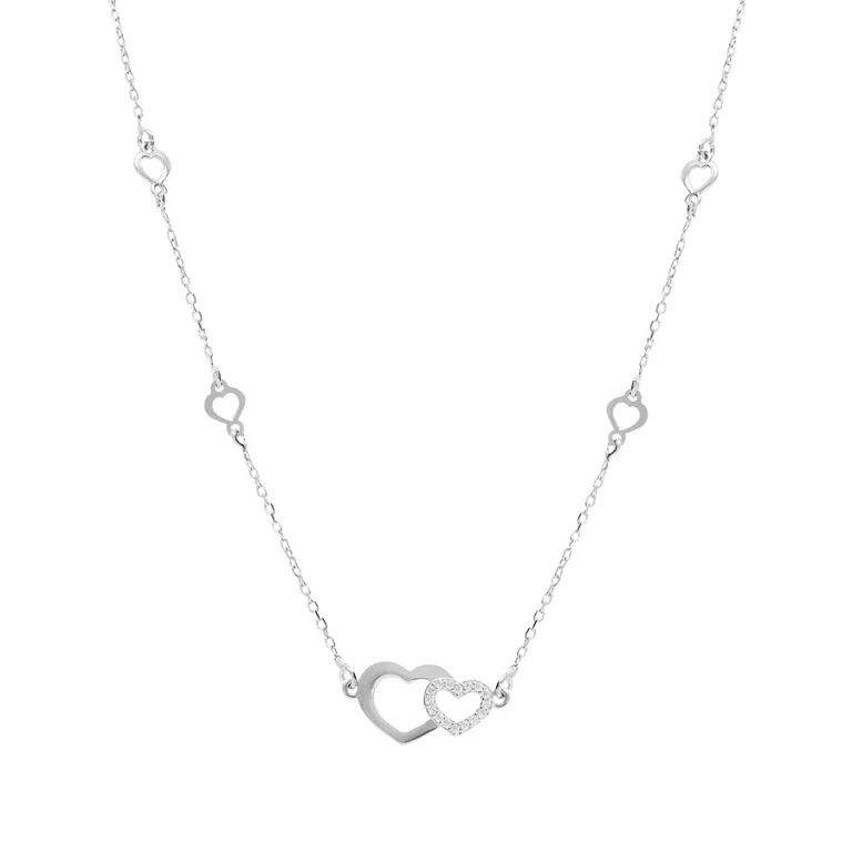 Collier deux cœurs lisses partiellement pavés – Argent 925 rhodié | Azuline