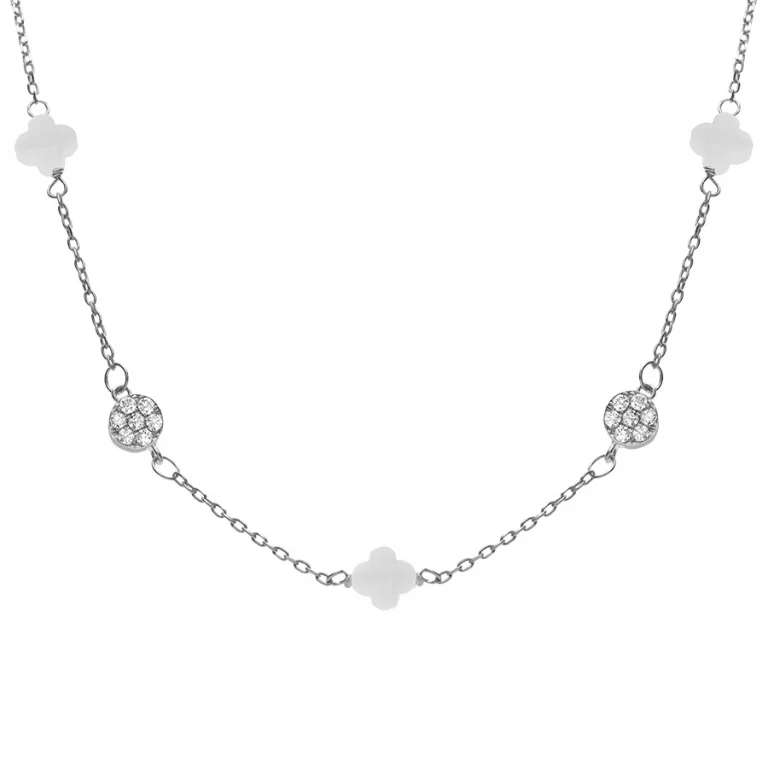 Collier trèfles en verre blanc et pastilles d’oxydes – Argent 925 rhodié | Azuline