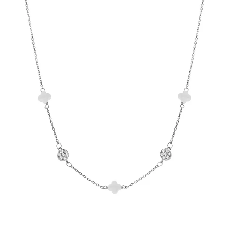 Collier trèfles en verre blanc et pastilles d’oxydes – Argent 925 rhodié | Azuline