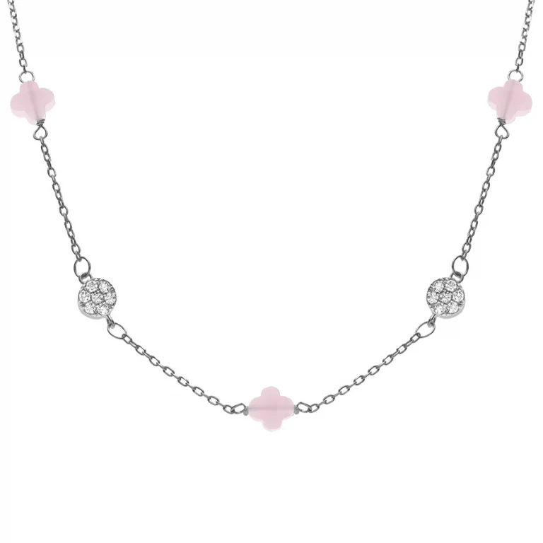 Collier trèfles en verre rose et pastilles d’oxydes – Argent 925 rhodié | Azuline