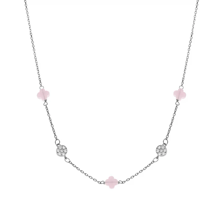 Collier trèfles en verre rose et pastilles d’oxydes – Argent 925 rhodié | Azuline