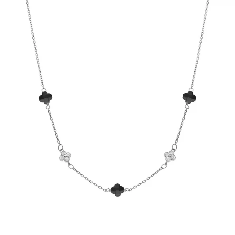 Collier trèfles en verre noir et pastilles d’oxydes – Argent 925 rhodié | Azuline