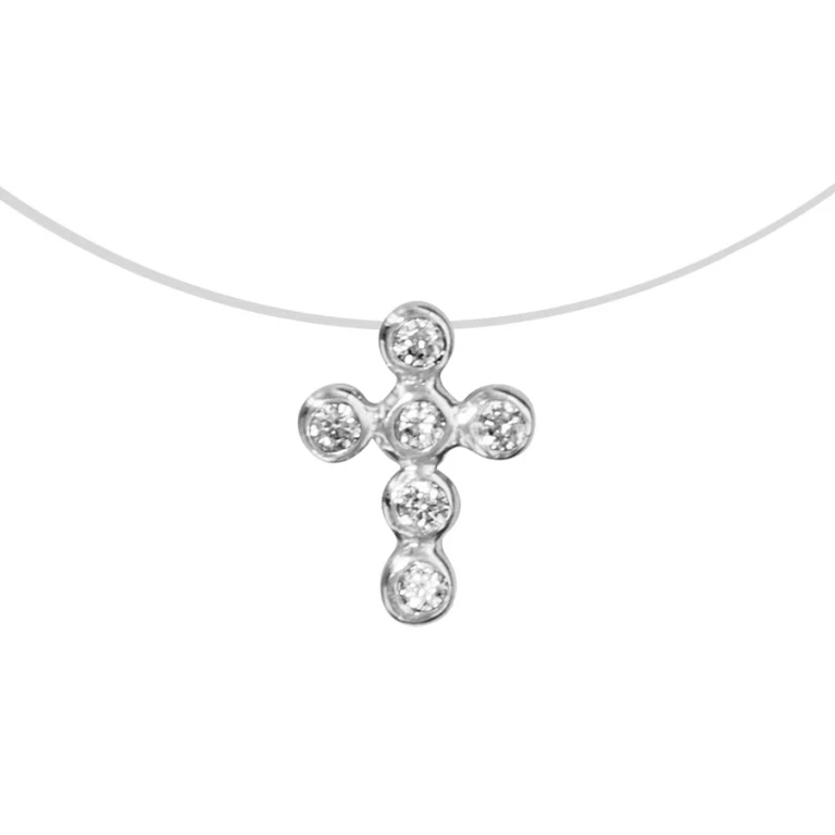 Collier croix sertie d’oxydes blancs sur fil nylon – Argent 925 rhodié | Azuline