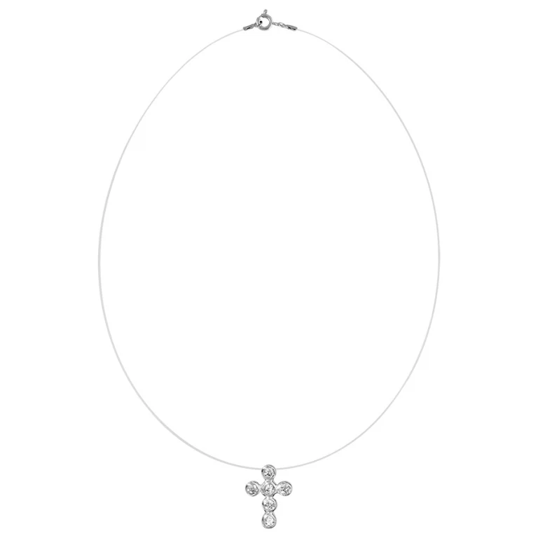 Collier croix sertie d’oxydes blancs sur fil nylon – Argent 925 rhodié | Azuline