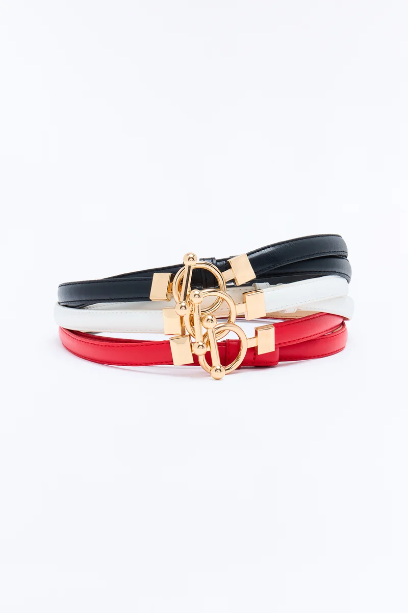 Pull Me Back Faux Leather 3 Piece Belt Set - Red/combo