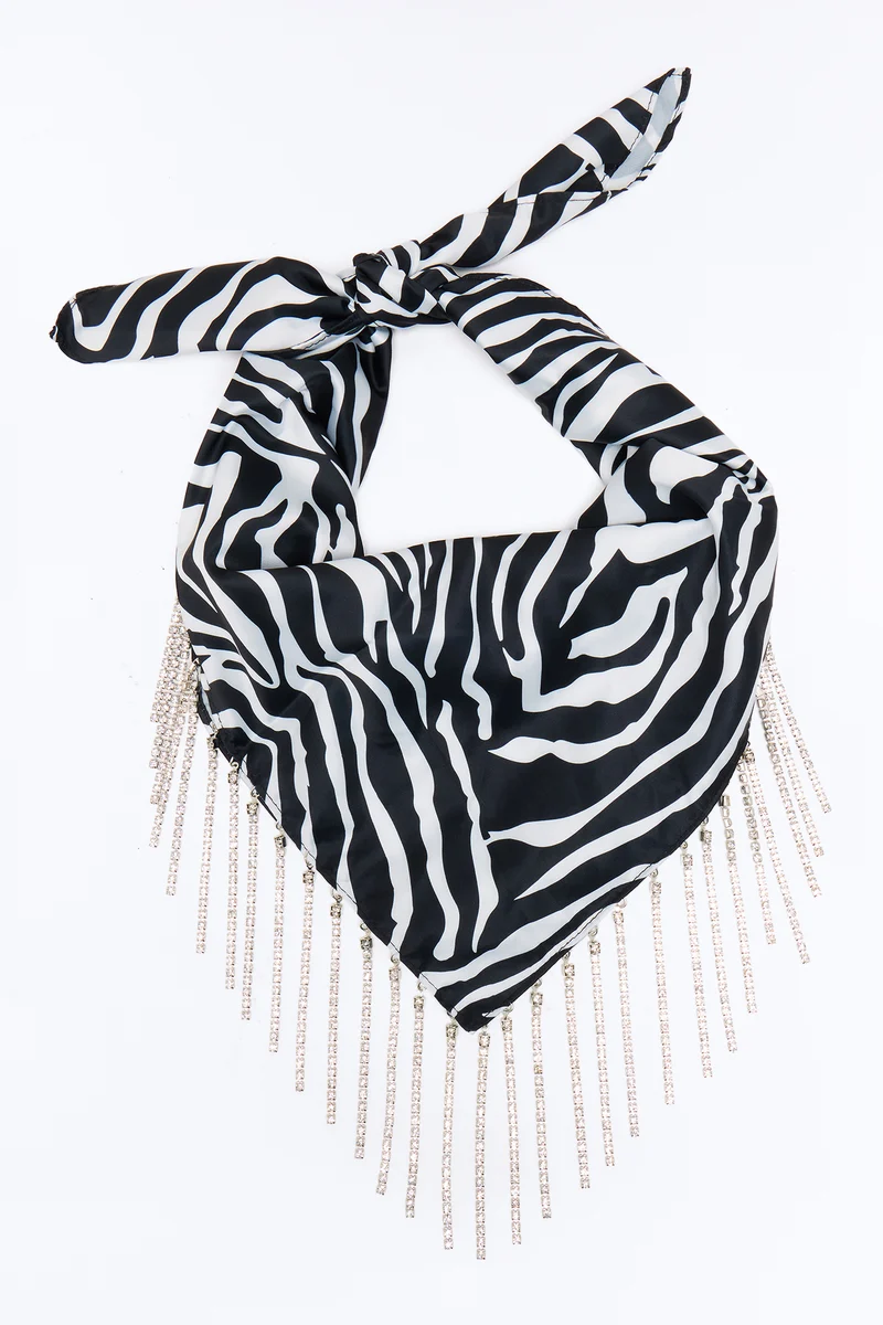 Wild Beauty Rhinestone Fringe Head Scarf - Black/White