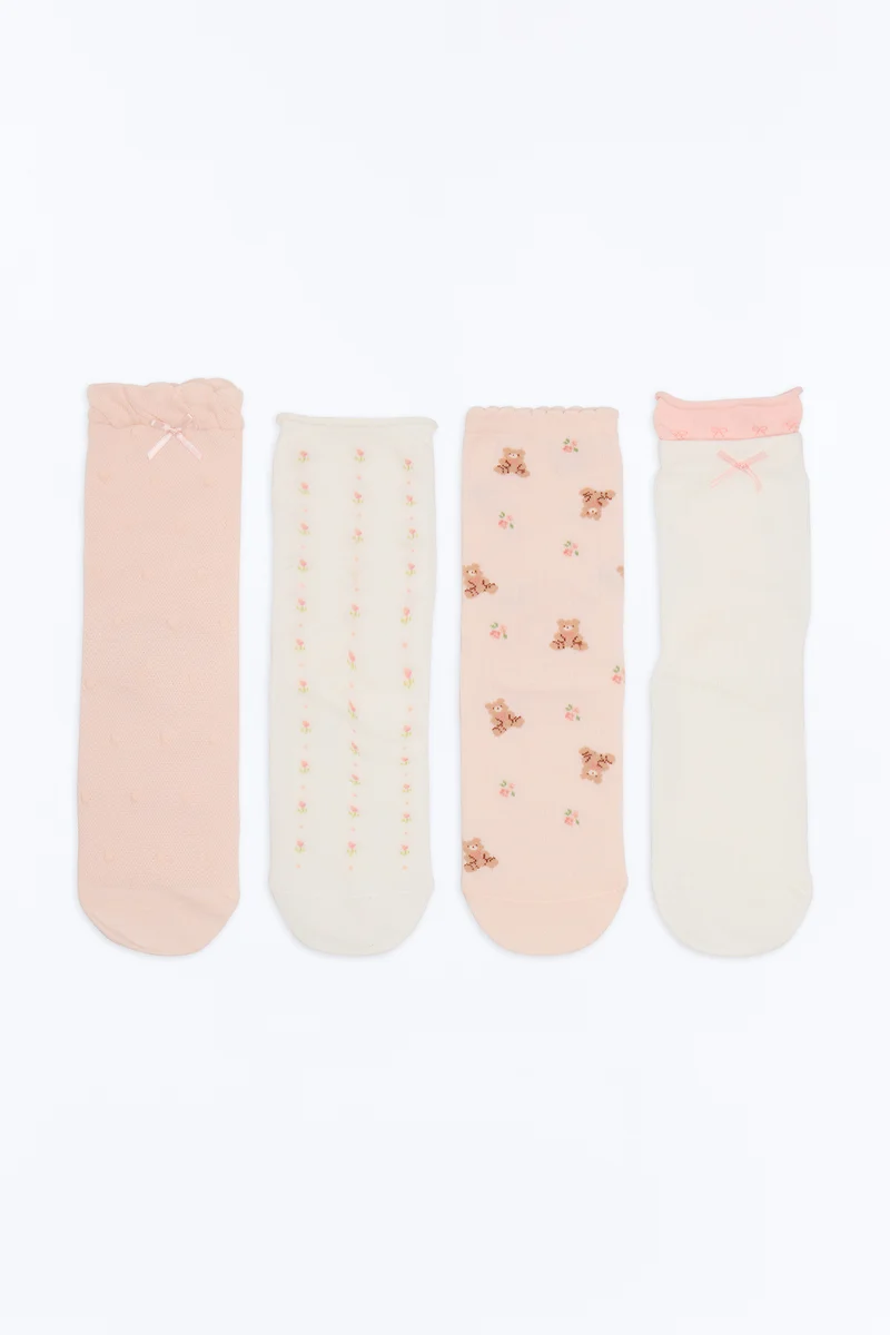 Bears And Bows 4 Pack Crew Socks - Pink/combo