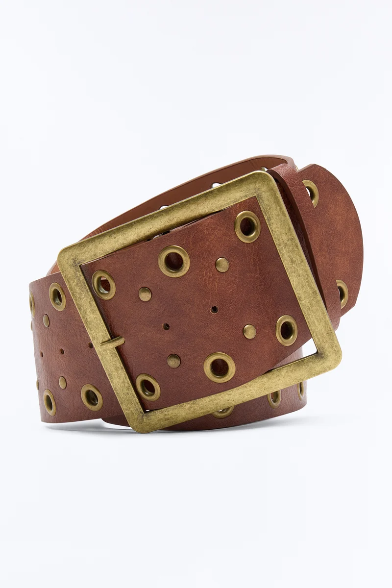 Prairie Gold Wide Faux Leather Belt - Cognac