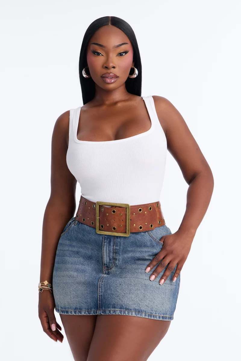 Prairie Gold Wide Faux Leather Belt - Cognac
