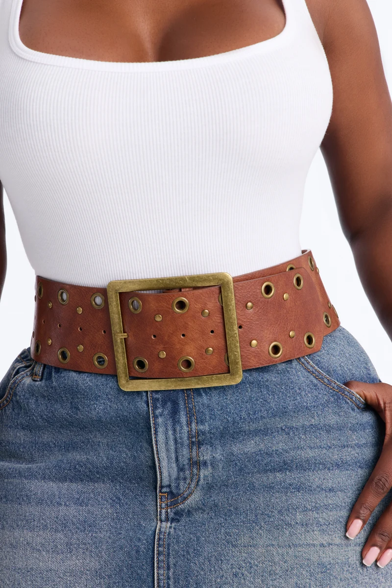 Prairie Gold Wide Faux Leather Belt - Cognac