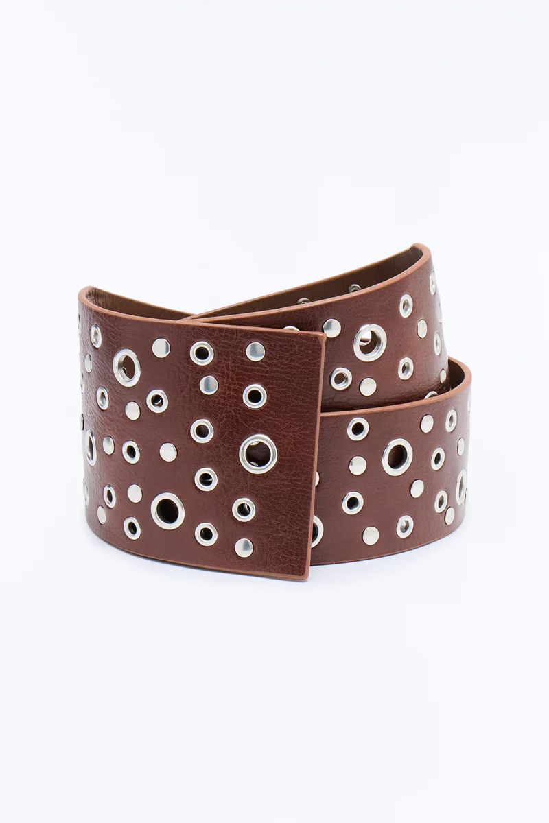 Outlaw Grommet Faux Leather Wide Belt - Brown