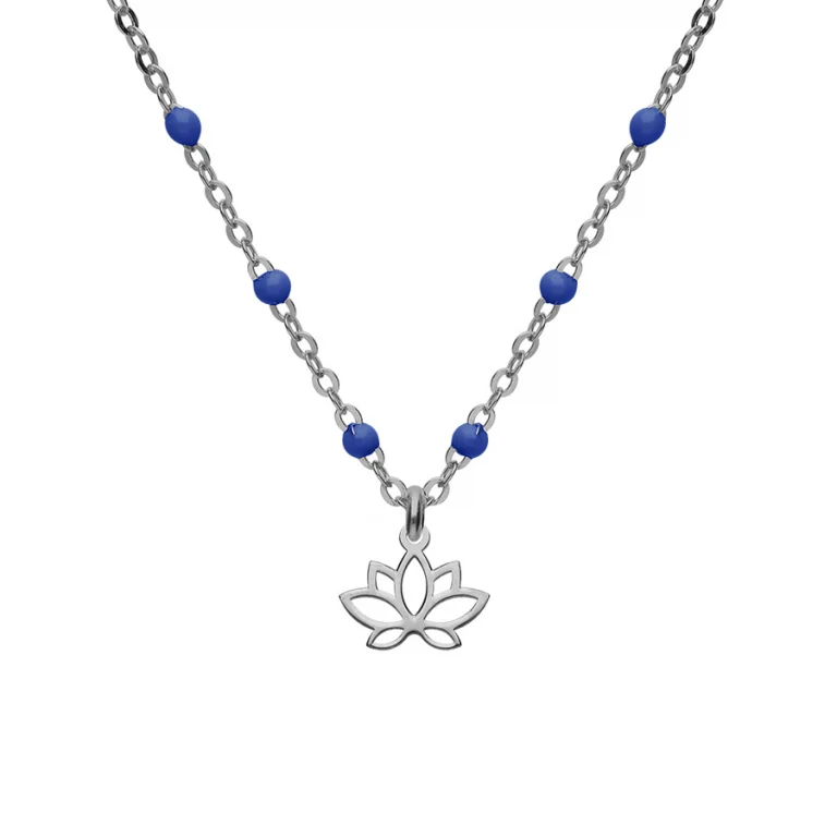 Collier fleur de lotus et boules en résine bleues – Argent 925 rhodié | Azuline