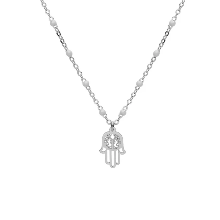 Collier main de Fatma et boules en résine blanches – Argent 925 rhodié | Azuline
