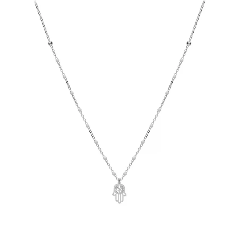 Collier main de Fatma et boules en résine blanches – Argent 925 rhodié | Azuline
