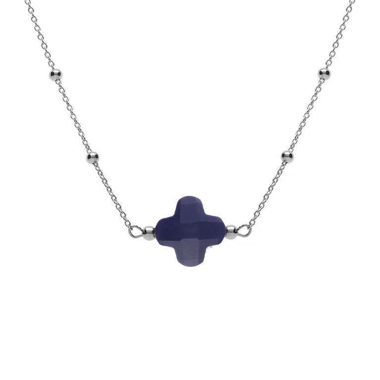 Collier trèfle à verre facetté bleu marine – Argent 925 rhodié | Azuline