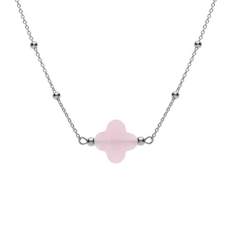 Collier trèfle en verre rose et chaîne à boules – Argent 925 rhodié | Azuline
