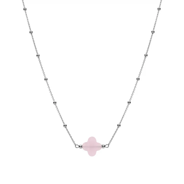 Collier trèfle en verre rose et chaîne à boules – Argent 925 rhodié | Azuline