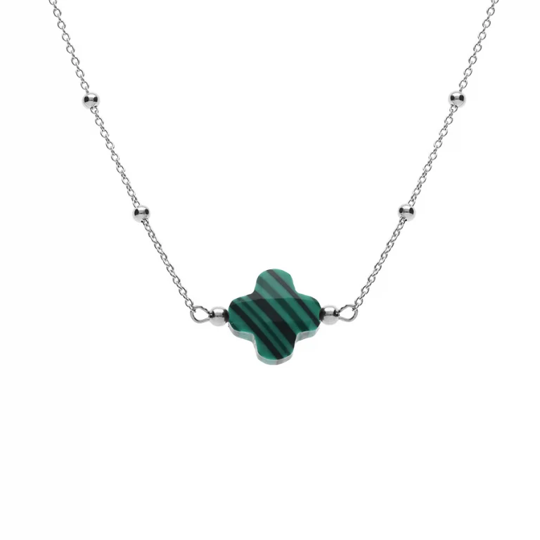 Collier trèfle en verre vert et chaîne à boules – Argent 925 rhodié | Azuline
