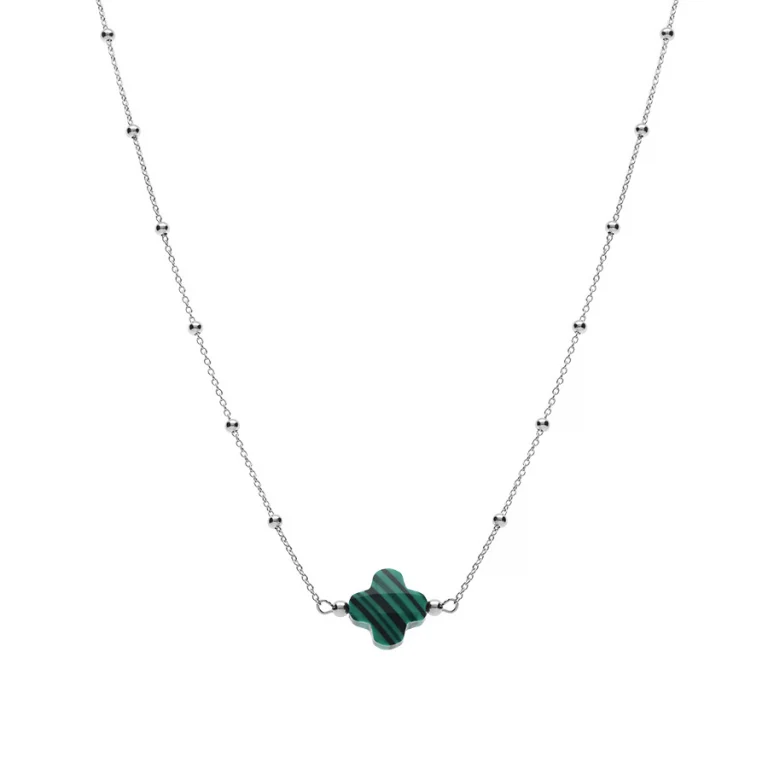 Collier trèfle en verre vert et chaîne à boules – Argent 925 rhodié | Azuline