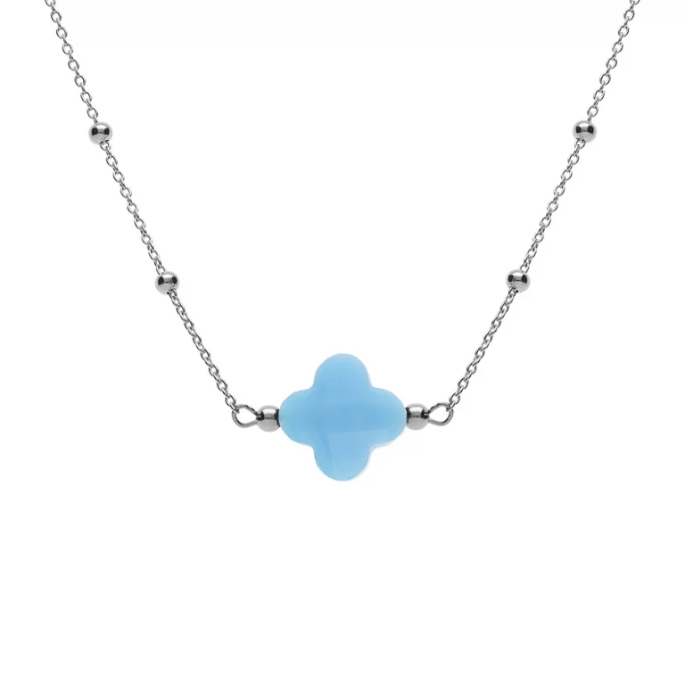 Collier trèfle en verre bleu ciel et chaîne à boules – Argent 925 rhodié | Azuline