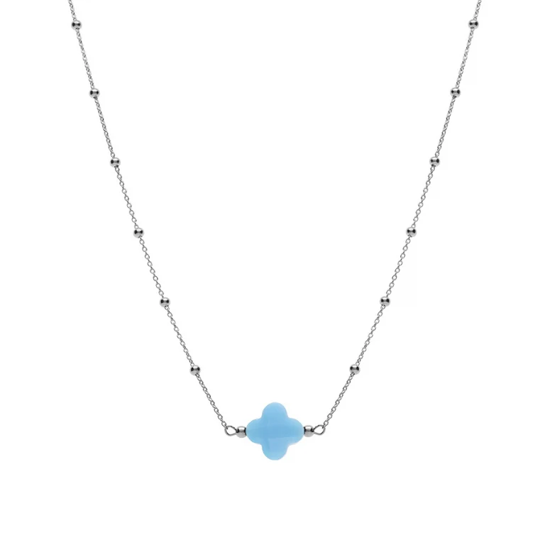Collier trèfle en verre bleu ciel et chaîne à boules – Argent 925 rhodié | Azuline