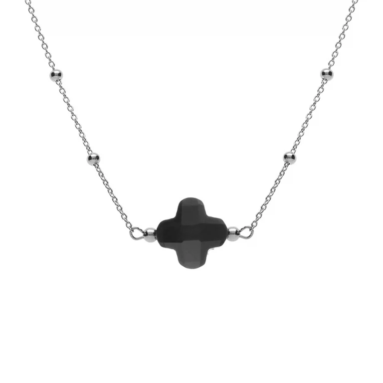 Collier trèfle à verre facetté noir – Argent 925 rhodié | Azuline