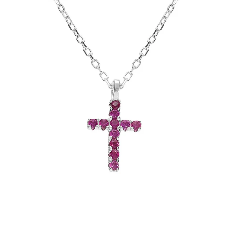 Collier croix serti d’oxydes fuchsia – Argent 925 rhodié | Azuline