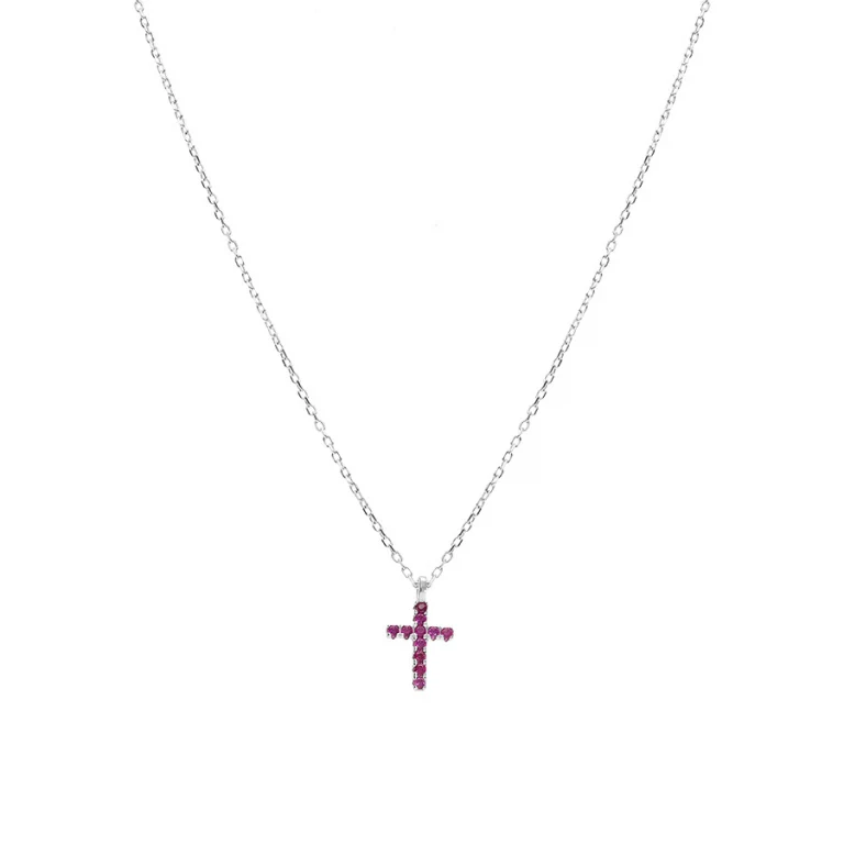 Collier croix serti d’oxydes fuchsia – Argent 925 rhodié | Azuline
