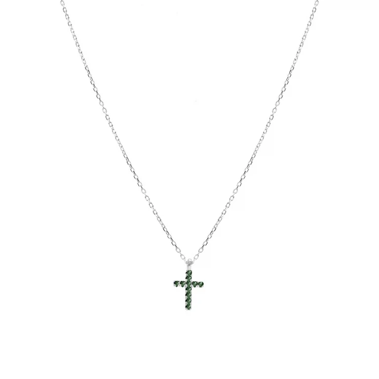 Collier croix d’oxydes ronds verts – Argent 925 rhodié | Azuline