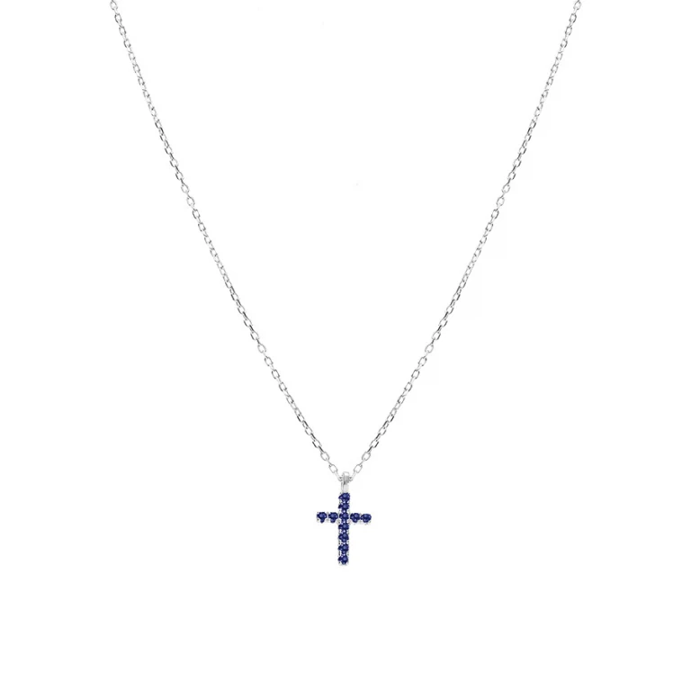 Collier croix d’oxydes ronds bleus – Argent 925 rhodié | Azuline