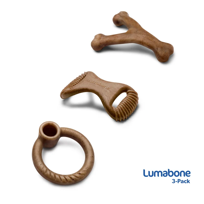 Lumabone Real Bacon 3-Pack Dog Toys for Aggressive Chewers,Wishbone, Dental Chew, Ring Bacon Medium
