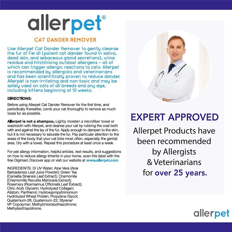 Allerpet Eliminador de caspa de gatos, reductor de alérgenos de mascotas 100% no tóxico, científicamente probado para un alivio eficaz de la alergia al gato, fabricado en Estados Unidos (12 oz)