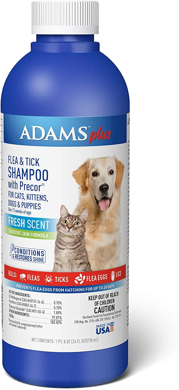 Adams Plus Champú para pulgas y garrapatas con precor, 24 onzas, azul