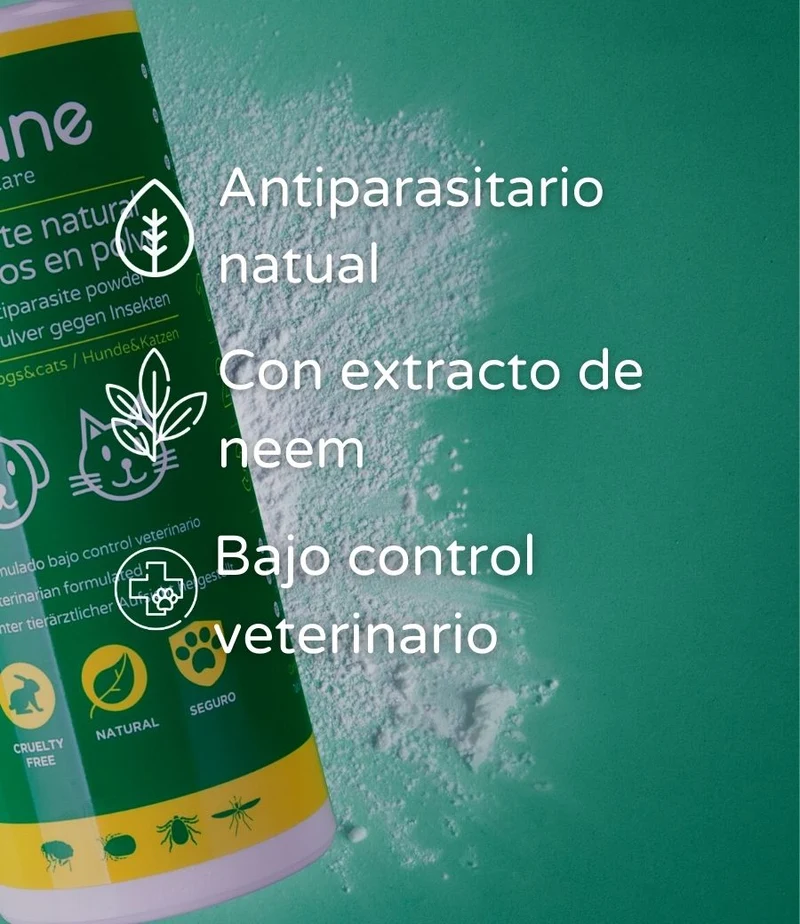 Polvo repelente natural de insectos para perros y gatos