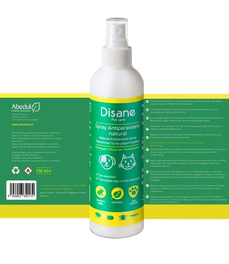 Spray repelente natural de insectos para perros y gatos