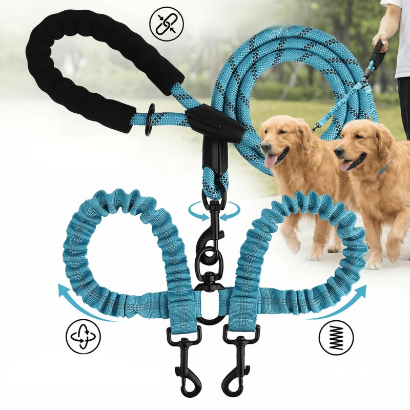 Laisse Double 2-en-1 pour Chien avec Rotule 360°