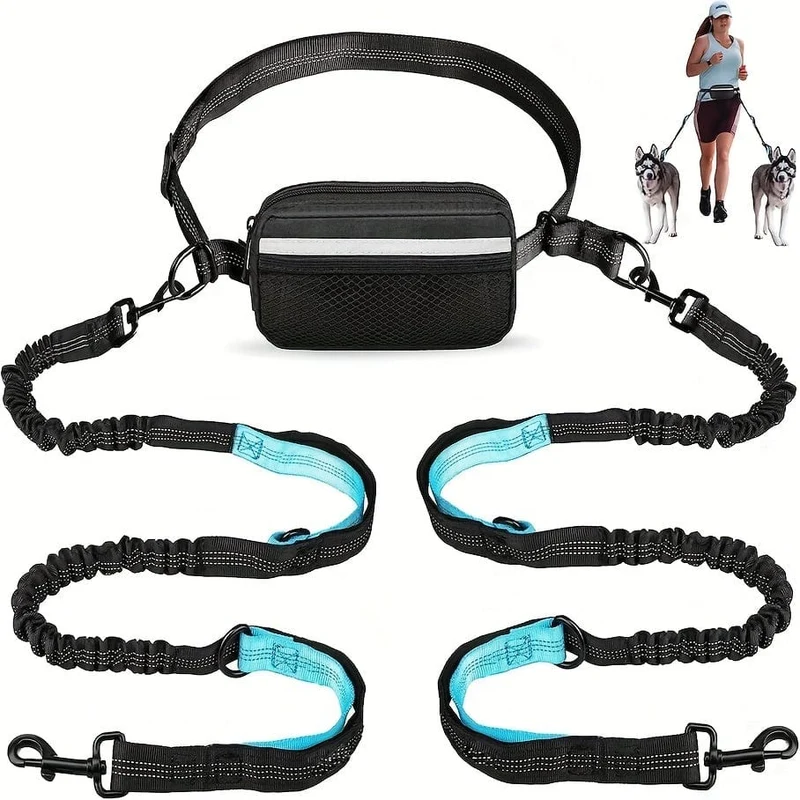 Laisse mains libres pour chien avec ceinture, double élastiques antichoc et pochette amovible