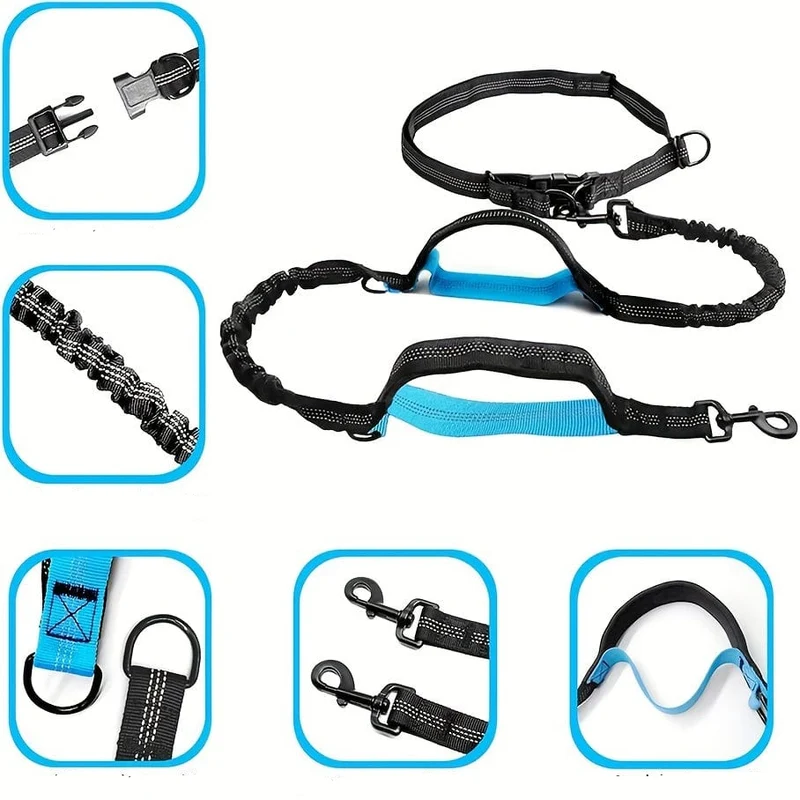 Laisse mains libres pour chien avec ceinture, double élastiques antichoc et pochette amovible